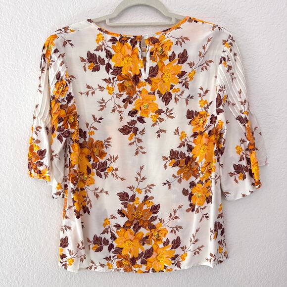 Auguste Womens Blouse Top Size S Floral Flowy Autumn Fall Pleats Cream - Picture 3 of 7